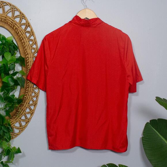 Vtg Red Draped Blouse Snap Neck Button Front Short Sleeve 80s | Bright Spring - Picture 3 of 12